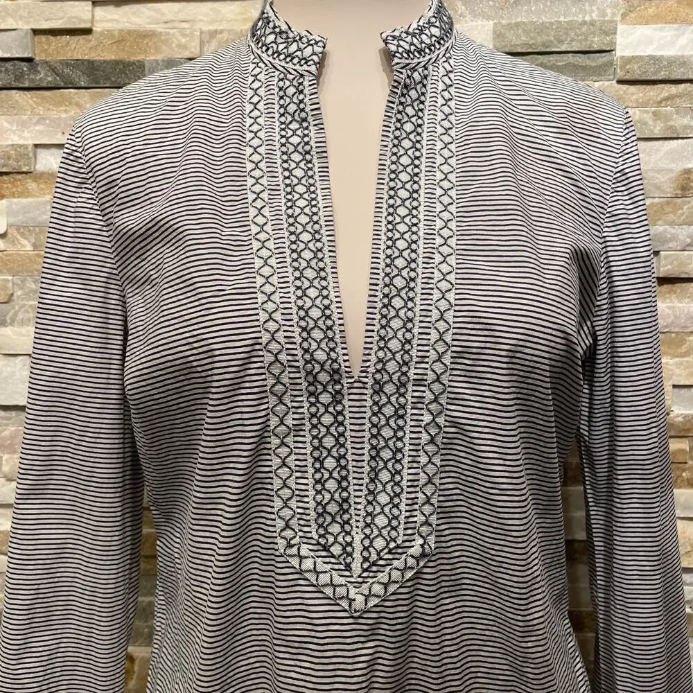 Tory Burch Striped Embroidered Tunic Top Sz 10 | Boho Resort